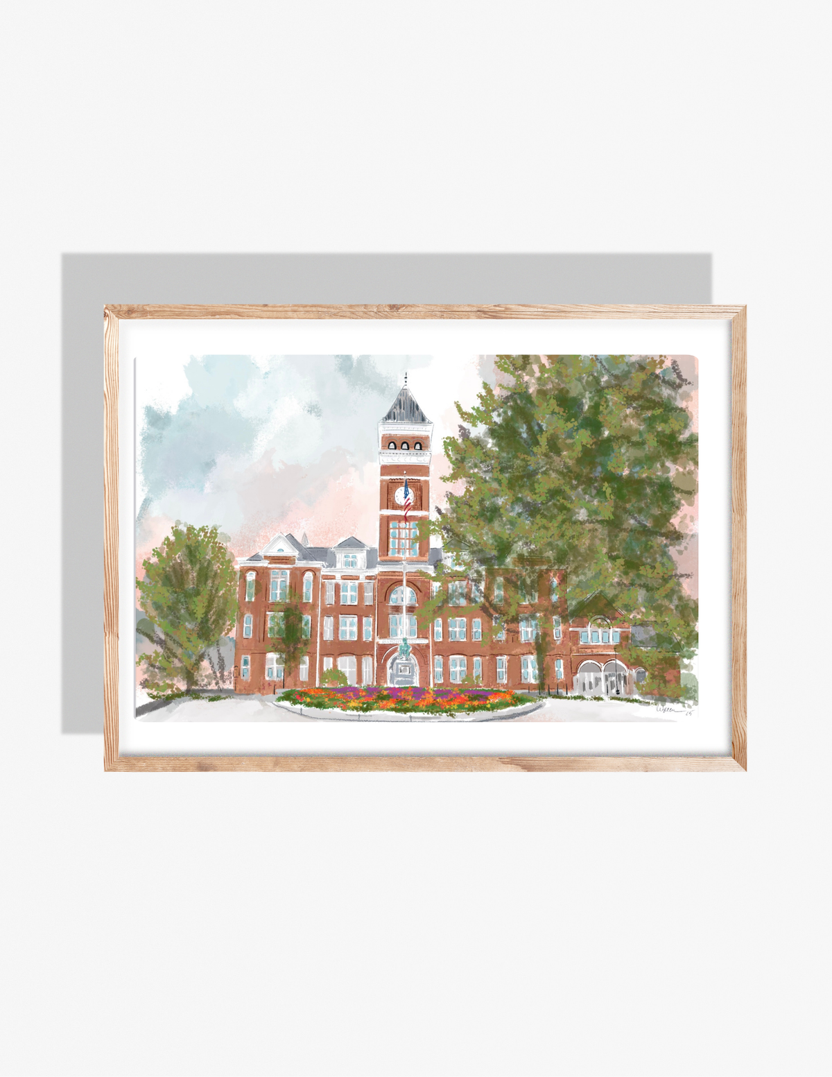 Watercolor-style illustration of Tillman Hall at Clemson University with trees and landscaping — art by Rebecca Illustrated.
