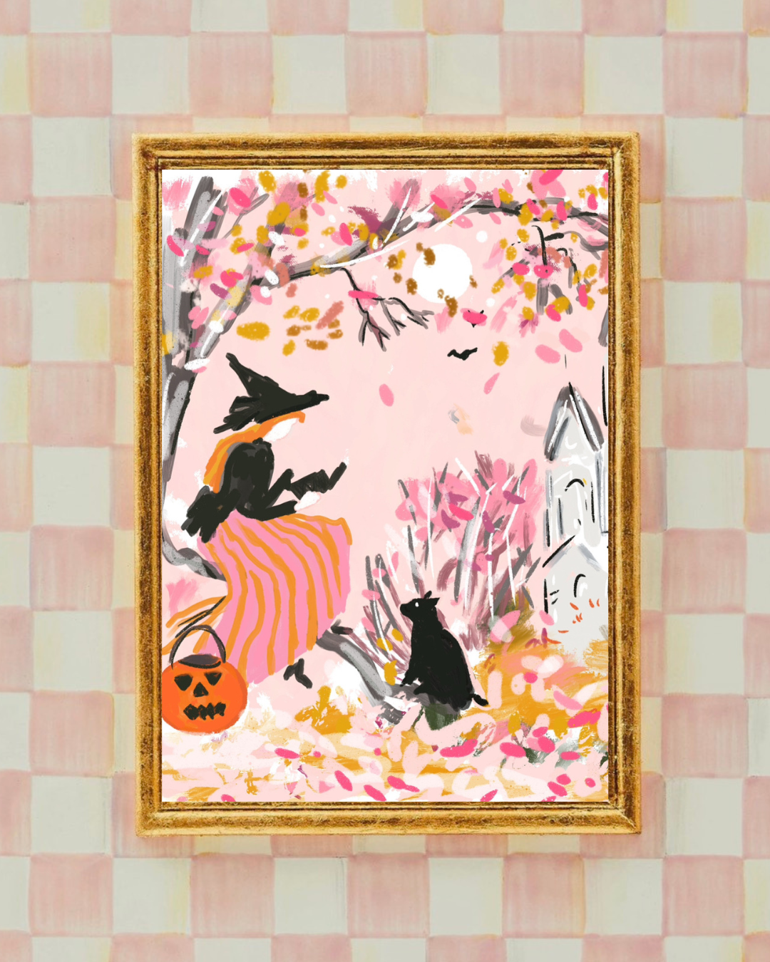 Whimsical illustration of a witch reading in a pink autumn tree with a black cat, falling leaves, a jack-o’-lantern, and a tall white house in the background.