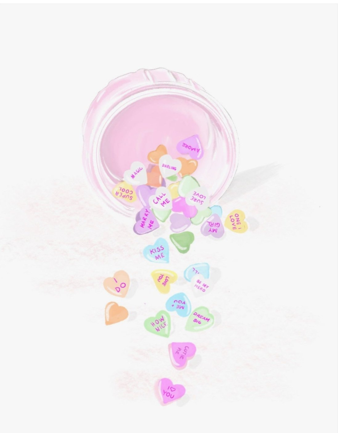 A pastel illustration by Rebecca Illustrated showing a pink jar tipped over with colorful candy conversation hearts spilling out across a light background.
