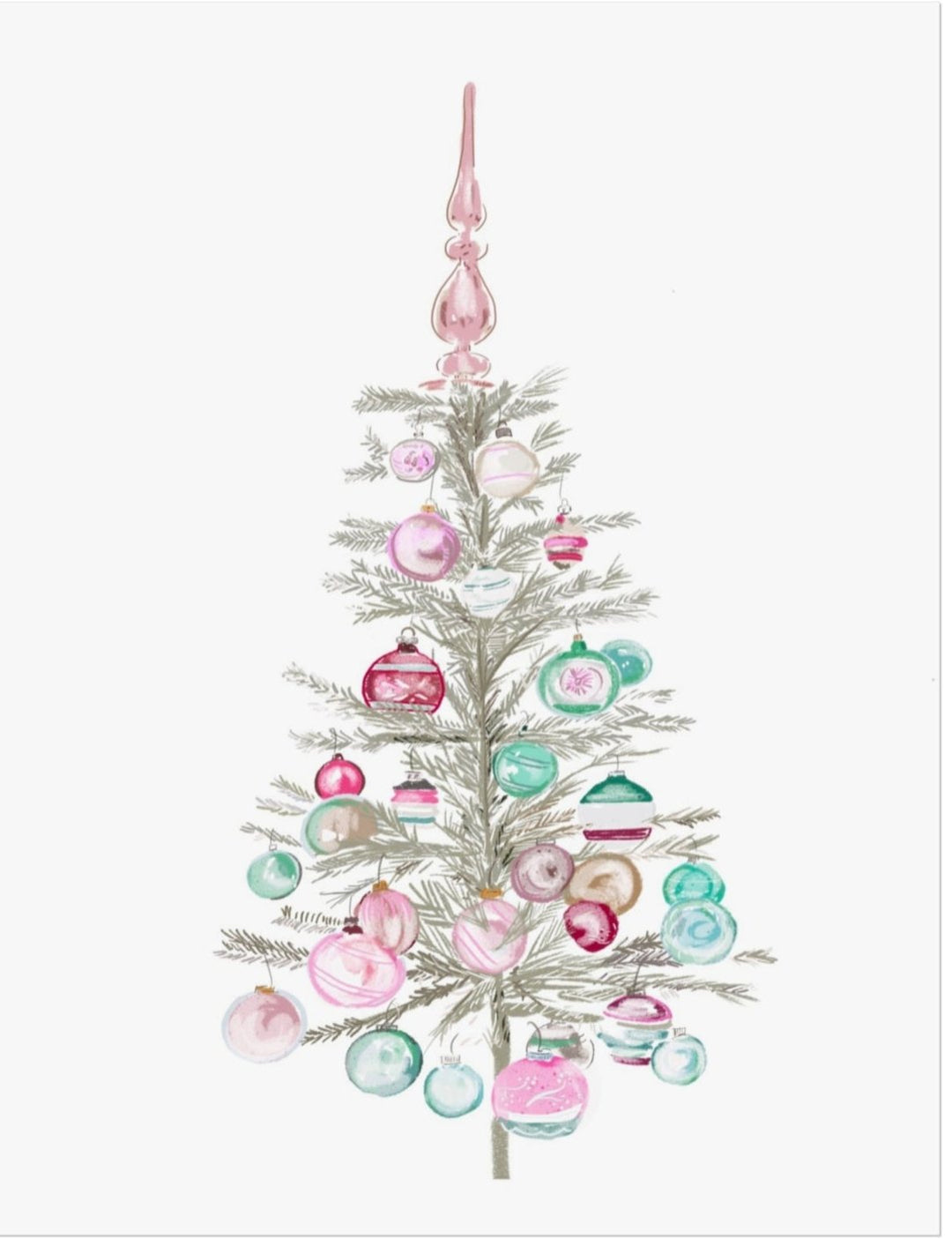 A soft pastel illustration by Rebecca Illustrated of a vintage-style Christmas tree decorated with pink, teal, and glass ornaments, topped with a pink finial tree topper.