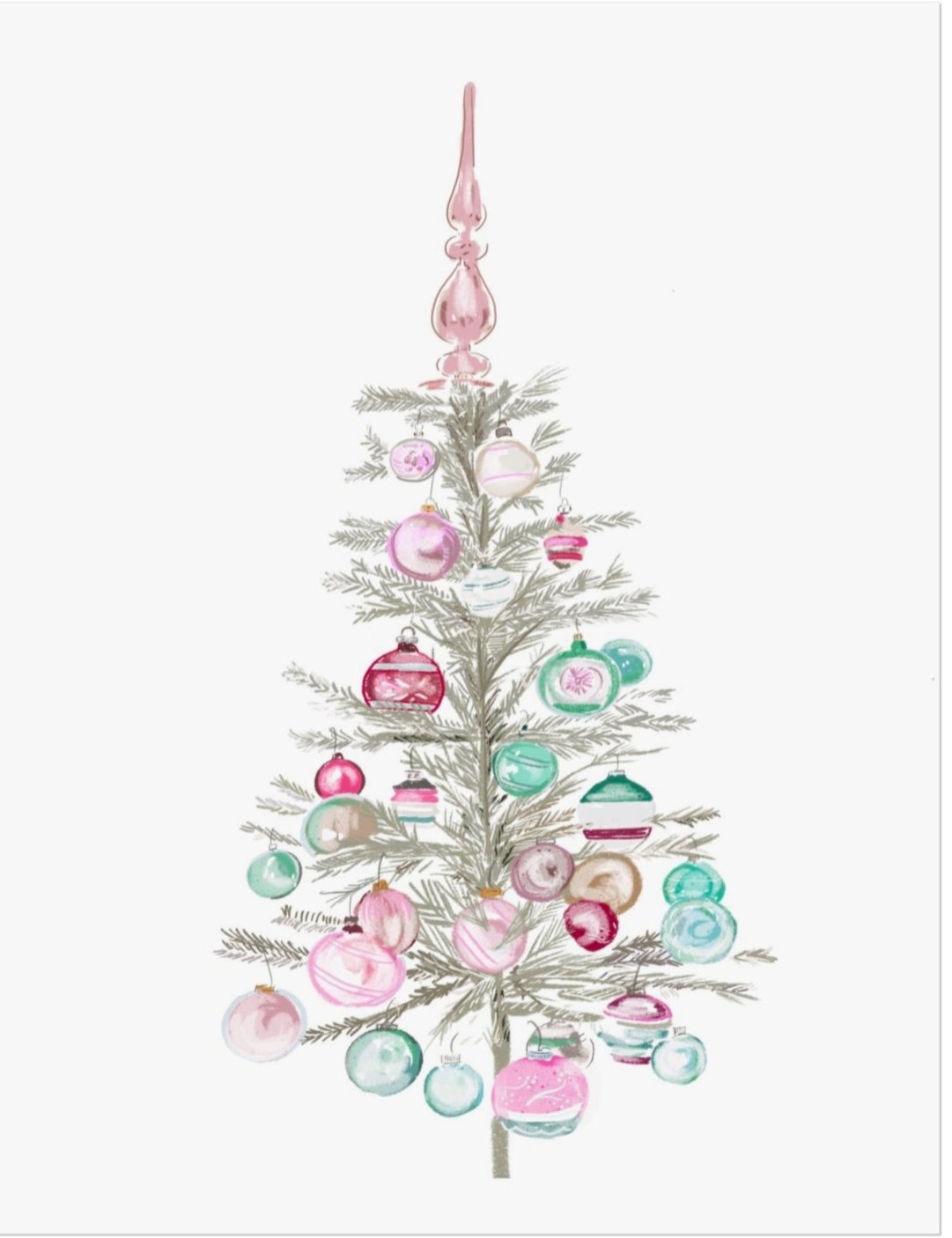 A soft pastel illustration by Rebecca Illustrated of a vintage-style Christmas tree decorated with pink, teal, and glass ornaments, topped with a pink finial tree topper.