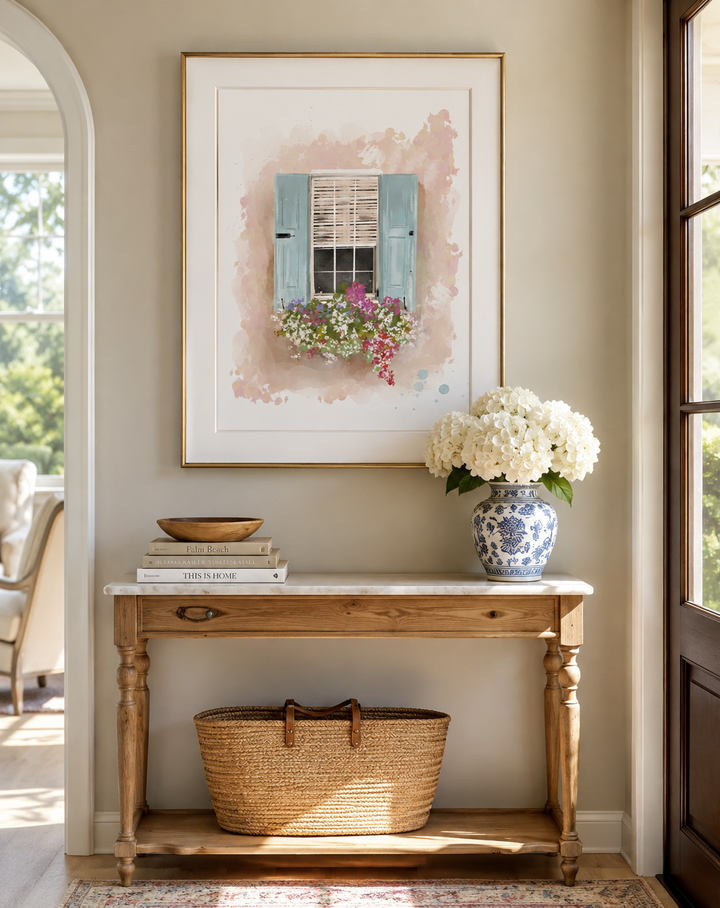 A framed art print depicting a watercolor window with blue shutters and pink flowers, displayed on a beige wall above a wooden console table with a vase of white flowers and a woven basket.