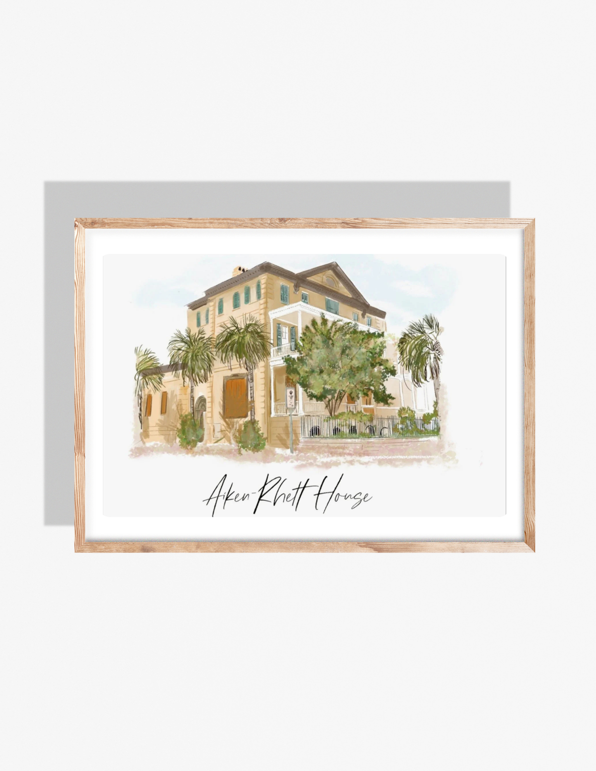Illustration of the Aiken-Rhett House in Charleston, SC, featuring palm trees, historic architecture, and warm pastel tones by Rebecca Illustrated.