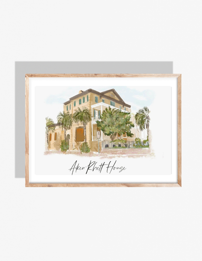 Illustration of the Aiken-Rhett House in Charleston, SC, featuring palm trees, historic architecture, and warm pastel tones by Rebecca Illustrated.