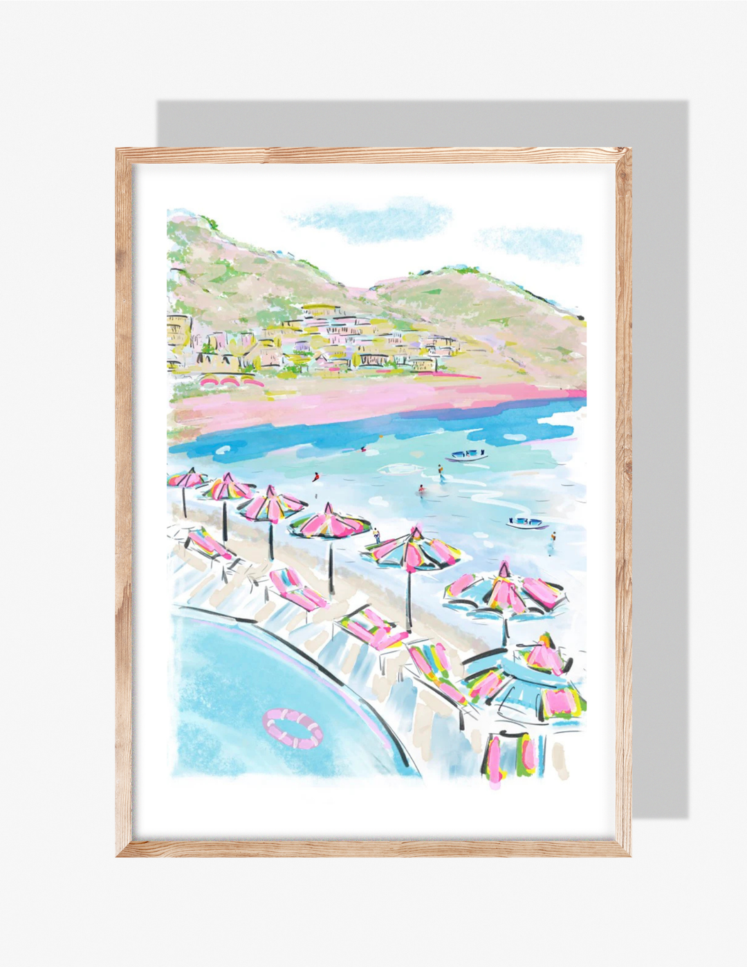 Watercolor-style illustration of an Amalfi Coast beach with pink umbrellas, lounge chairs, turquoise water, and hillside buildings.”