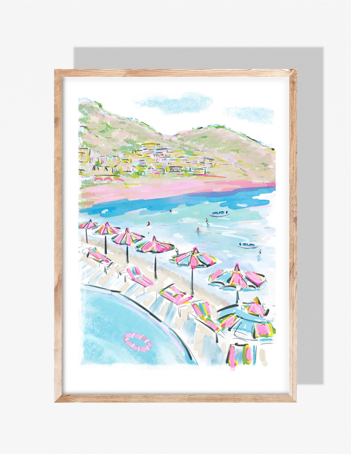 Watercolor-style illustration of an Amalfi Coast beach with pink umbrellas, lounge chairs, turquoise water, and hillside buildings.”