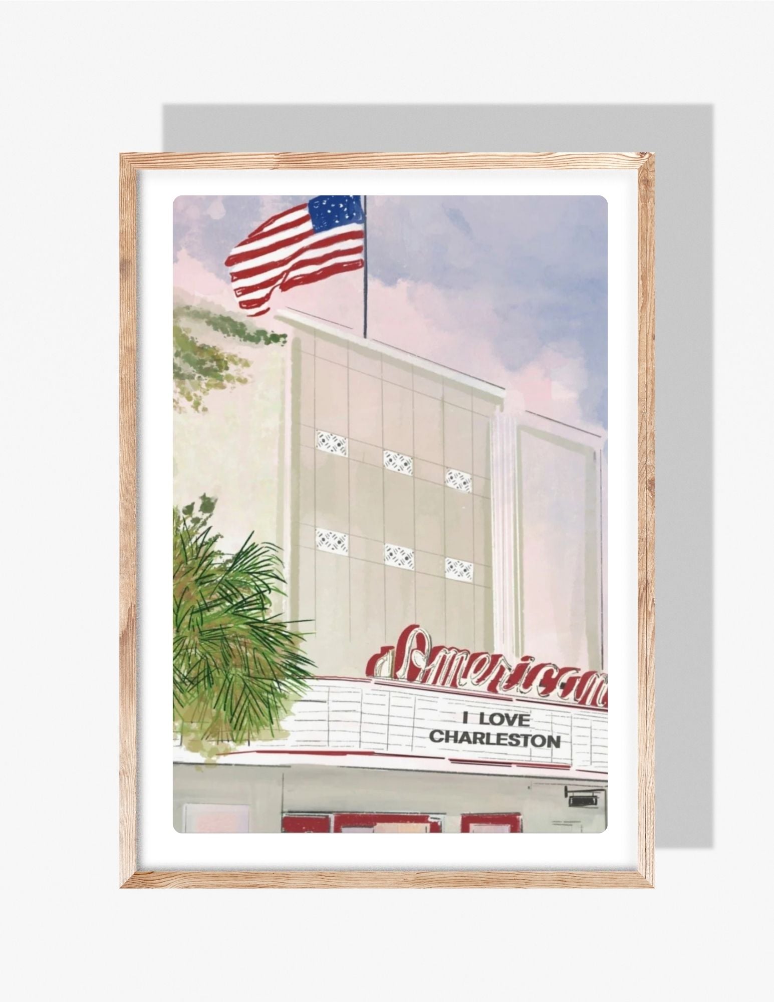 Illustration of the American Theatre in Charleston with an American flag waving above and marquee reading 'I Love Charleston,' artwork by Rebecca Illustrated.