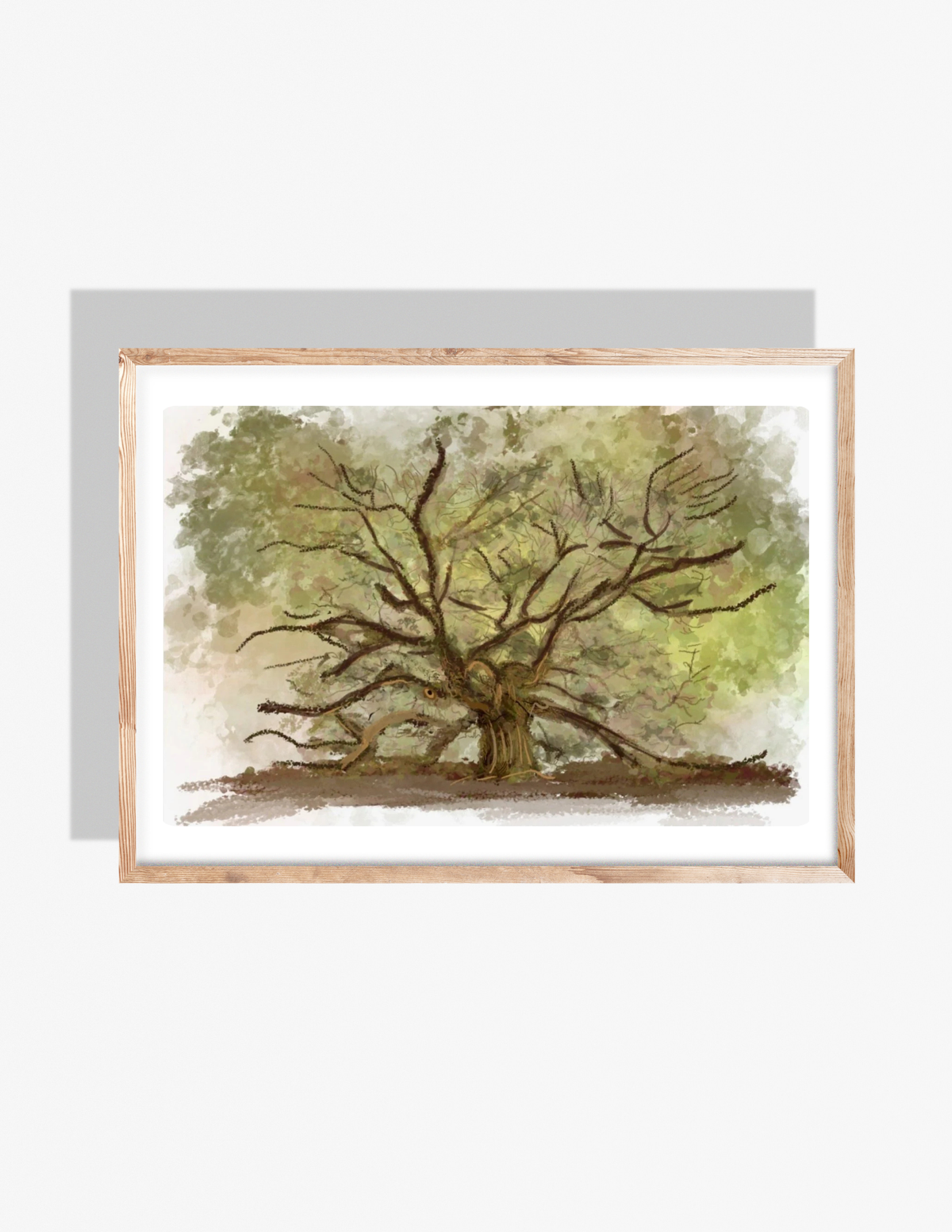 Illustration of the historic Angel Oak tree in Charleston with sprawling branches and soft green foliage, artwork by Rebecca Illustrated.