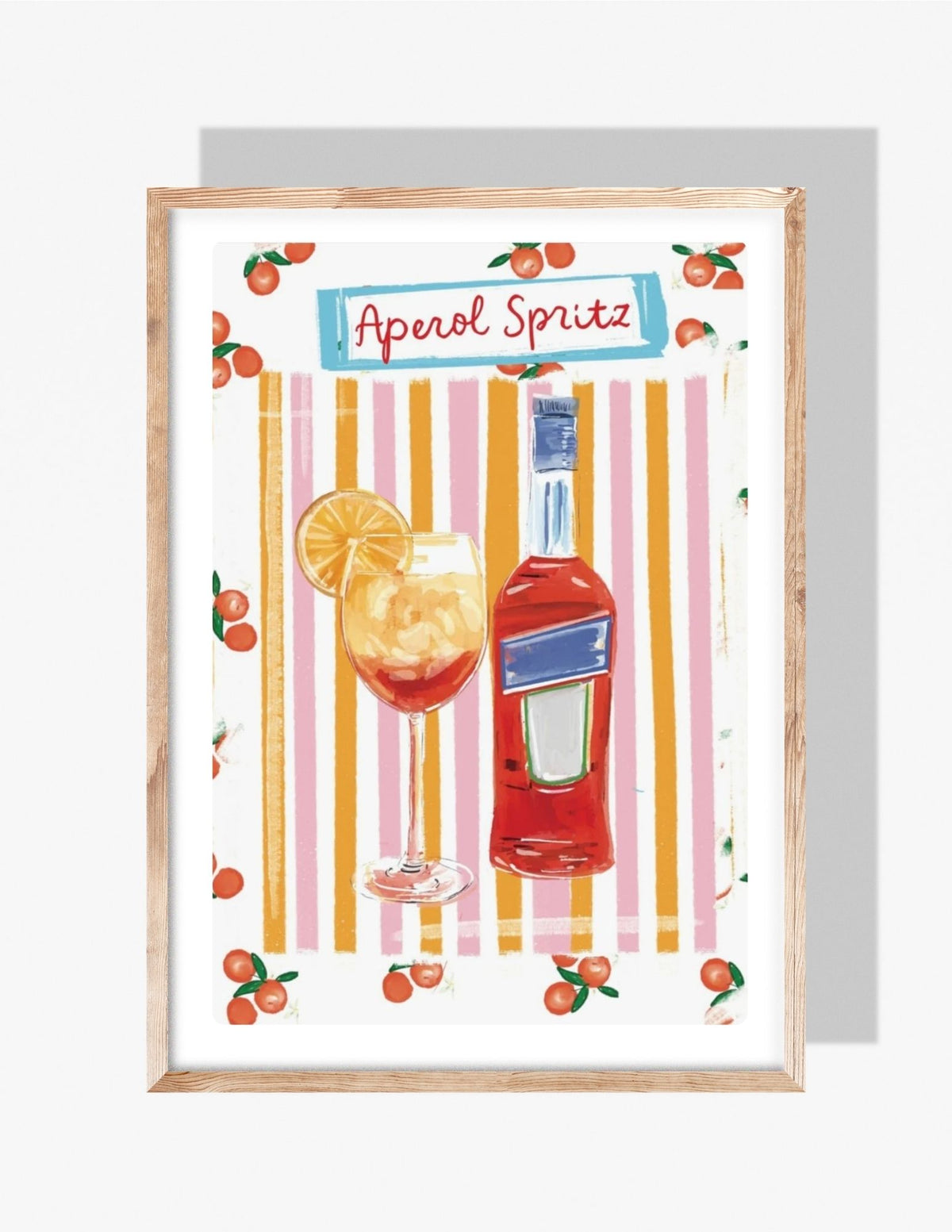 A colorful illustration by Rebecca Illustrated of an Aperol Spritz cocktail and bottle, with citrus accents and a striped orange-and-pink background.