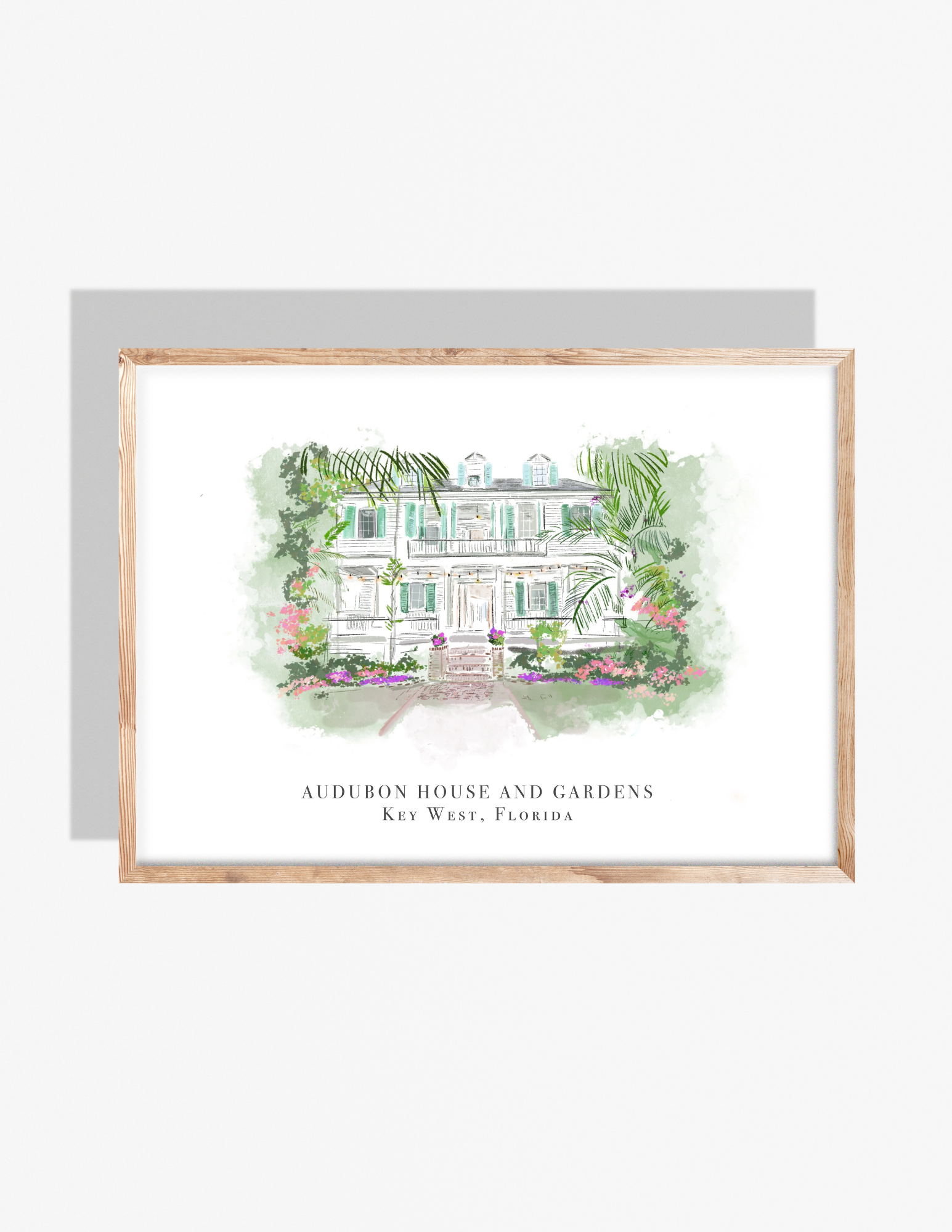 A watercolor-style illustration by Rebecca Illustrated of the Audubon House and Gardens in Key West, Florida, featuring lush tropical plants, a historic white house, and vibrant garden flowers.
