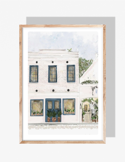 Illustration of Bar 167 in Charleston with blue windows, potted plants, and soft pastel architecture, by Rebecca Illustrated.