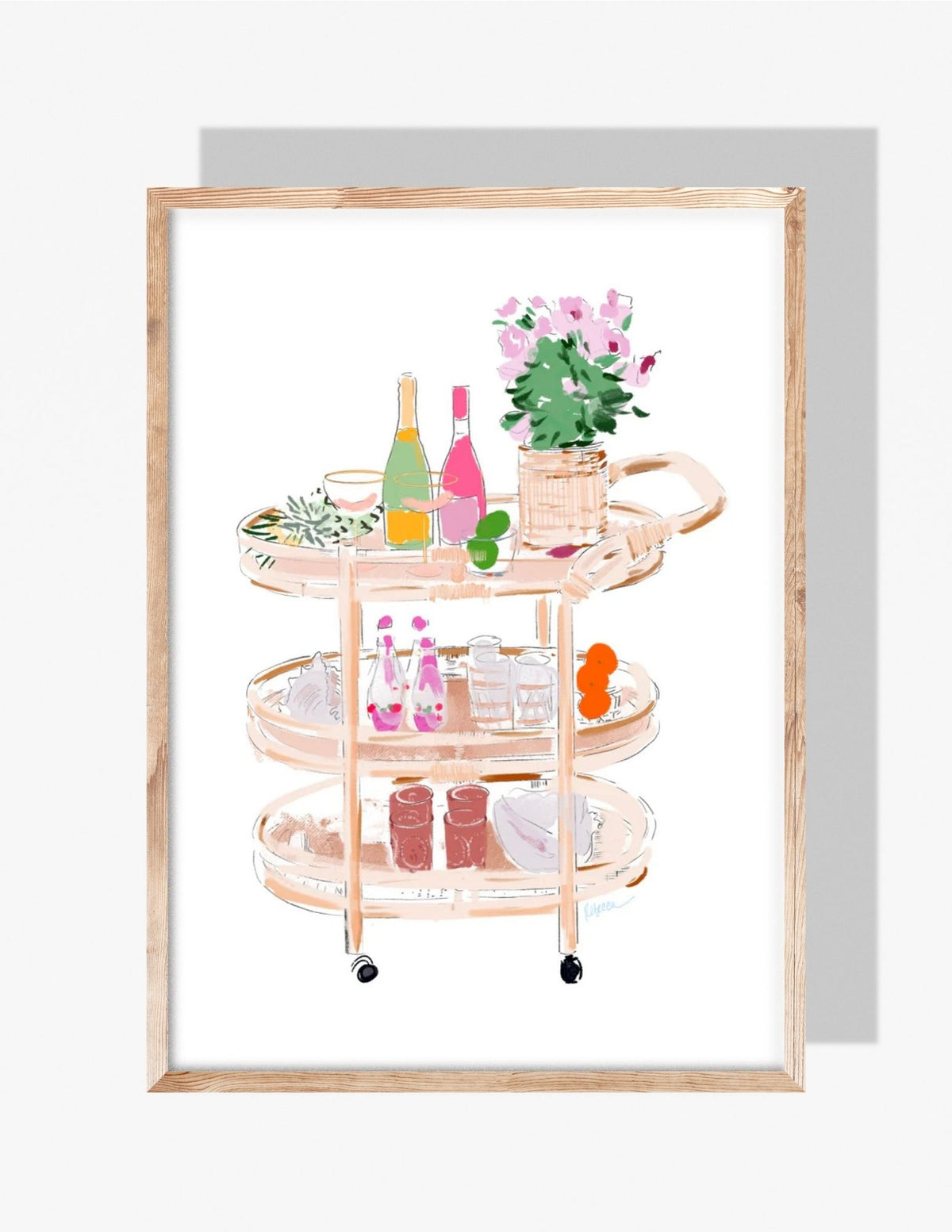 Watercolor-style illustration of a bar cart with flowers, wine bottles, glasses, and citrus accents by Rebecca Illustrated.