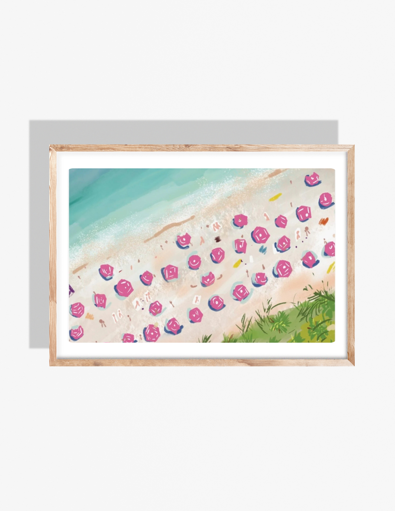 Aerial illustration of a beach with rows of pink umbrellas along turquoise water, artwork by Rebecca Illustrated.