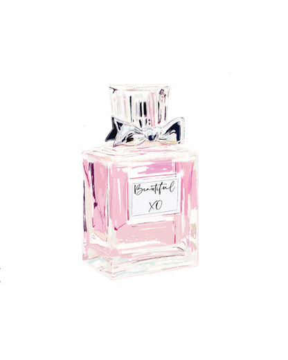 Illustrated pink perfume bottle greeting card with the text “Beautiful XO” by Rebecca Illustrated