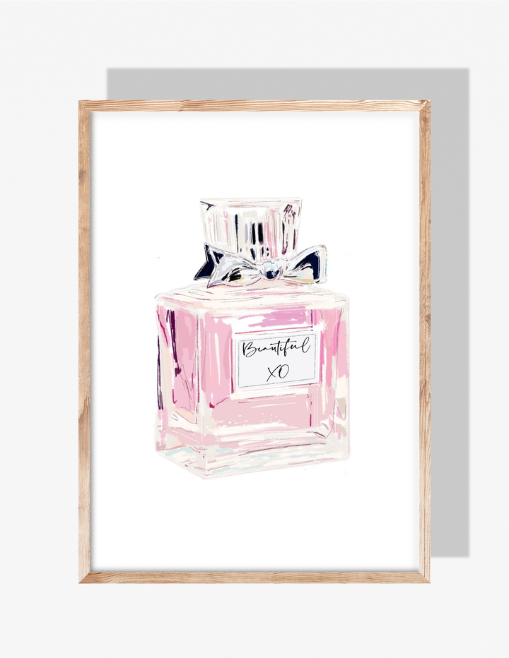 “Illustration of a pink perfume bottle with a crystal-style cap and bow, labeled ‘Beautiful XO,’ by Rebecca Illustrated.”