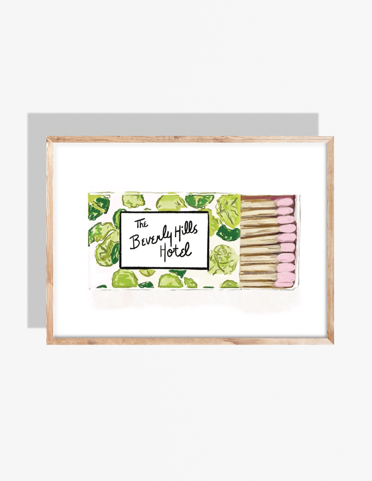 Illustration of a Beverly Hills Hotel matchbook with green palm leaf pattern and pink match tips by Rebecca Illustrated.