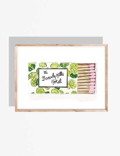 Illustration of a Beverly Hills Hotel matchbook with green palm leaf pattern and pink match tips by Rebecca Illustrated.
