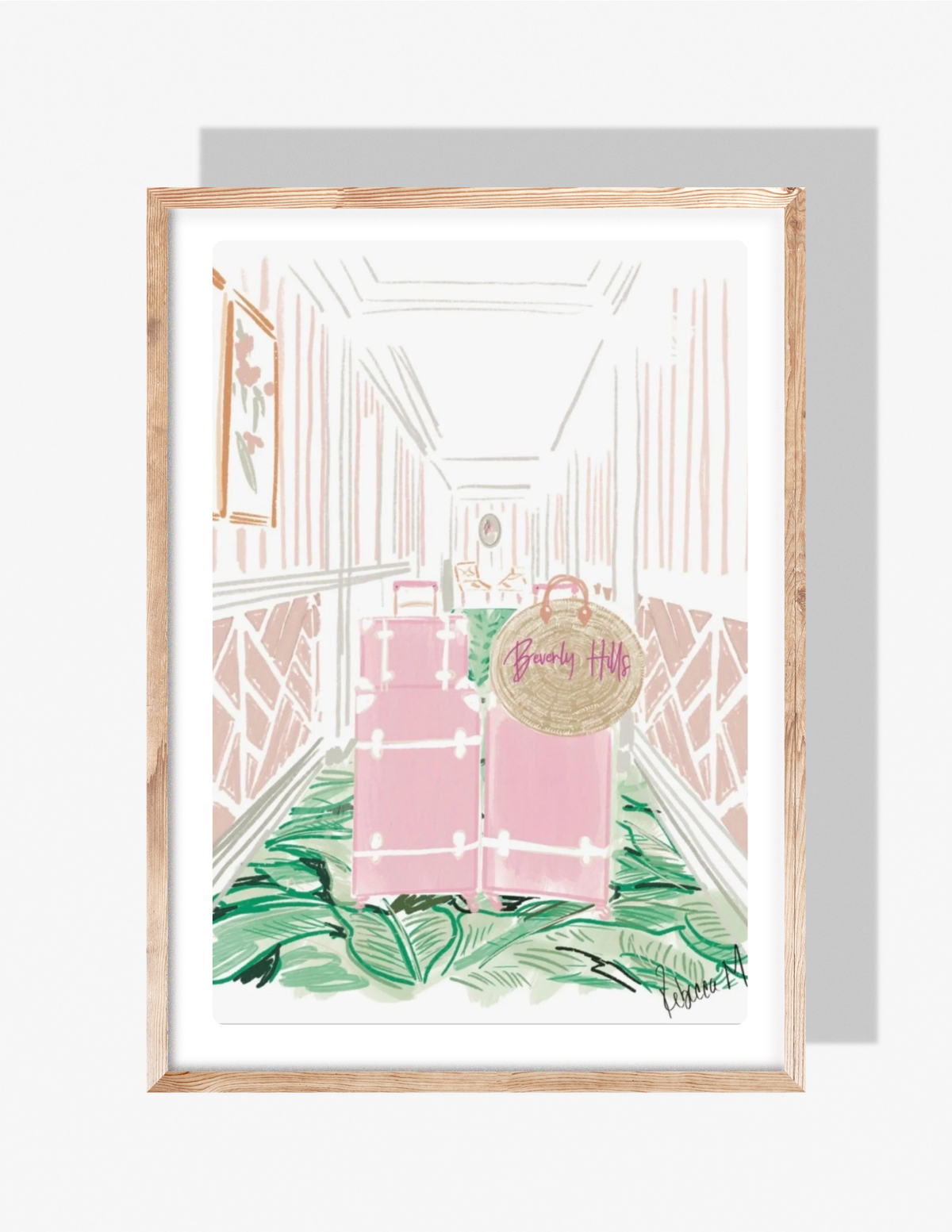 Illustration of pink vintage suitcases and a Beverly Hills straw bag in a palm-leaf hallway, artwork by Rebecca Illustrated.
