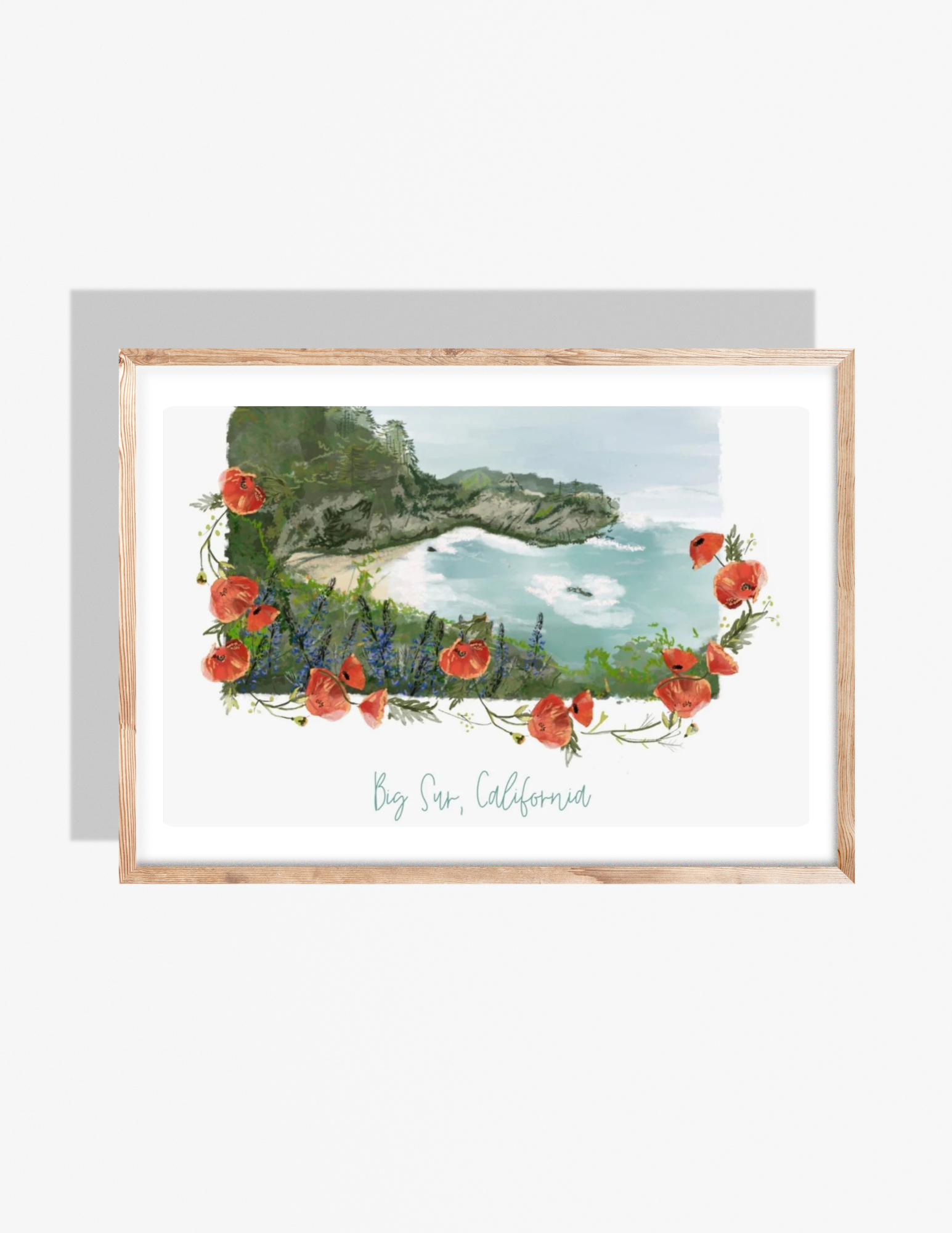 Illustration of Big Sur, California coastal cliffs with ocean waves and orange poppy flowers surrounding the scene, artwork by Rebecca Illustrated.
