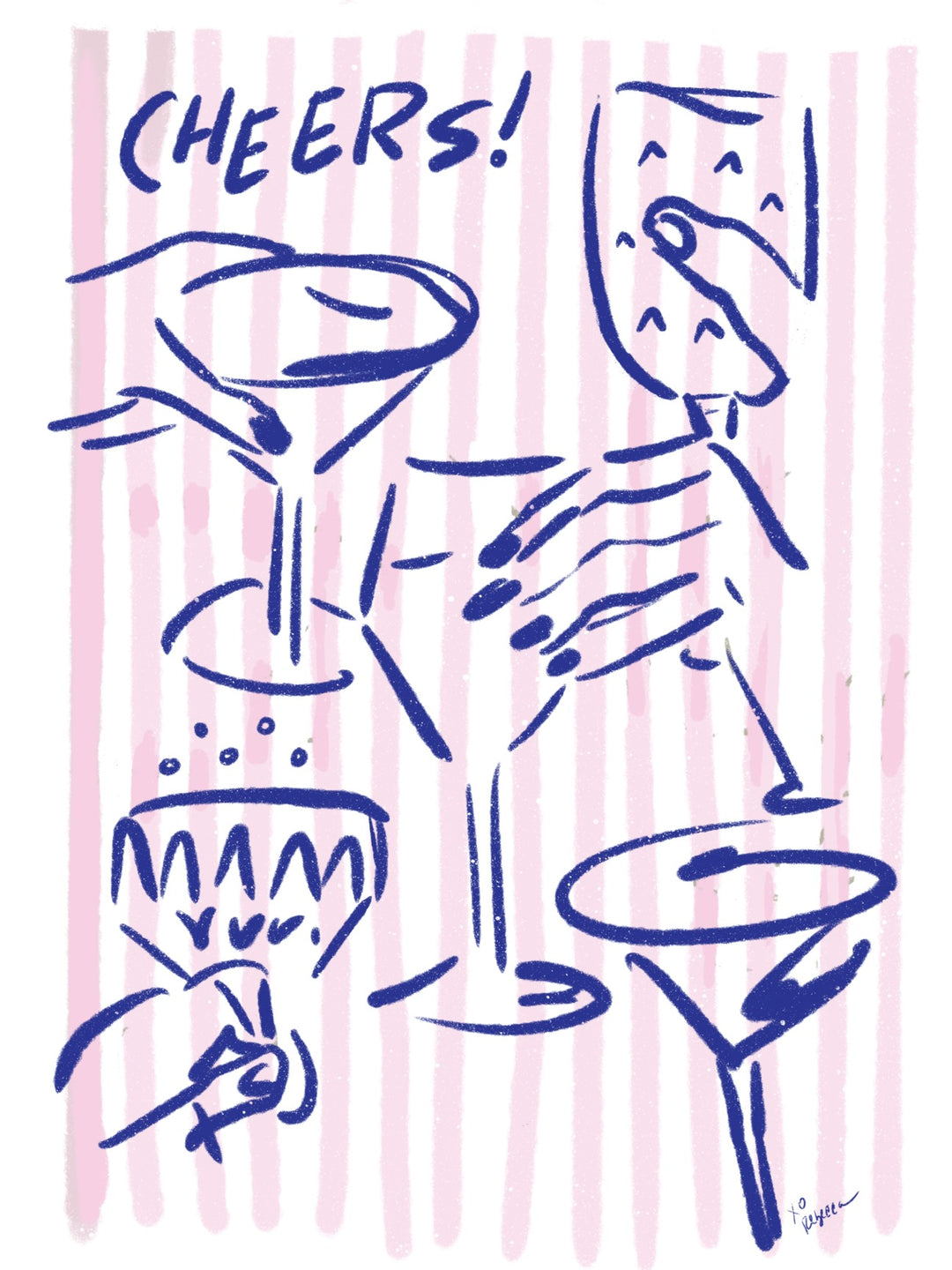 Hand-drawn illustration of cocktail glasses and clinking hands with the word “Cheers!” in blue on a pink striped background, original artwork by Rebecca Illustrated on a blank greeting card.