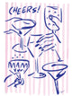 Hand-drawn illustration of cocktail glasses and clinking hands with the word “Cheers!” in blue on a pink striped background, original artwork by Rebecca Illustrated on a blank greeting card.