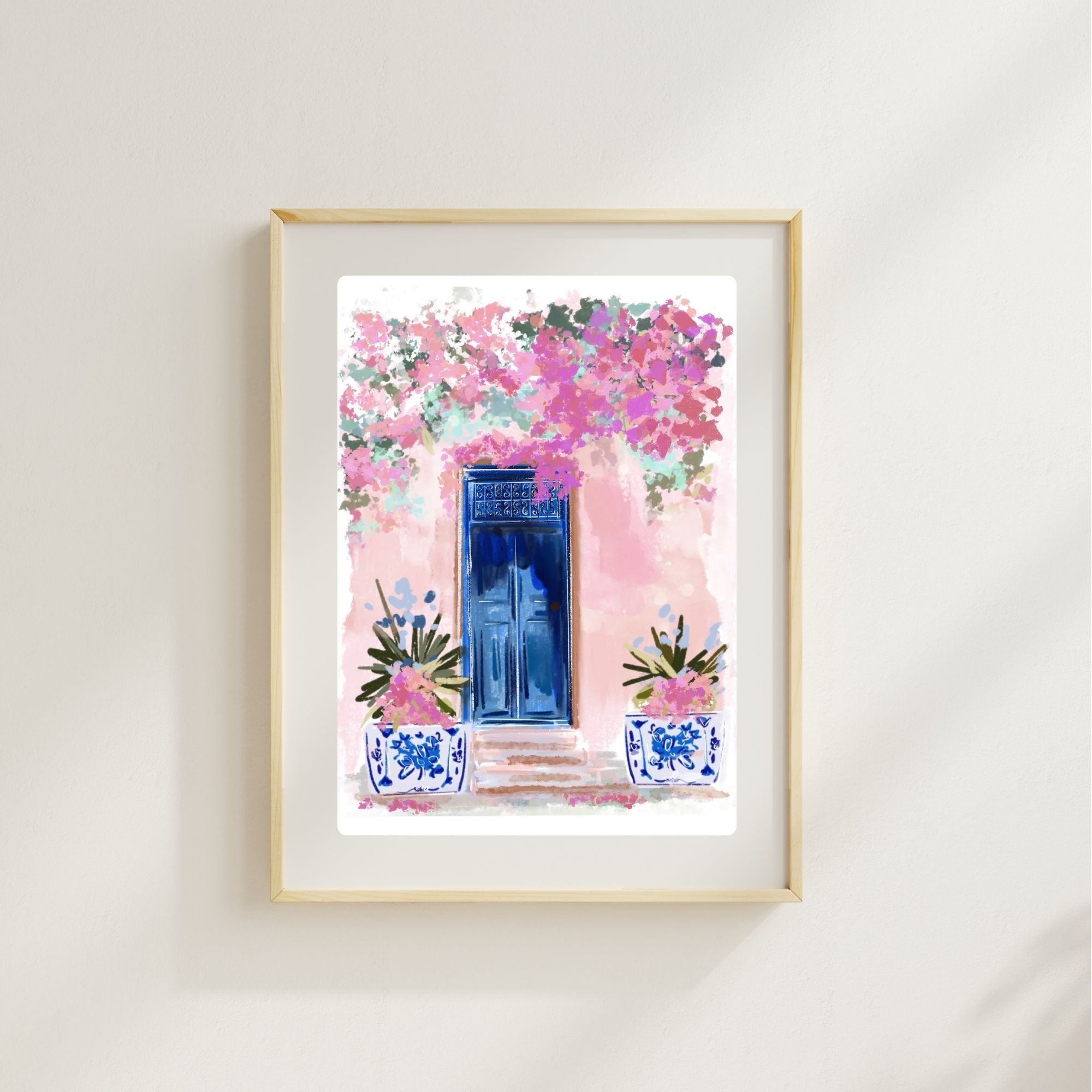 A watercolor-style illustration by Rebecca Illustrated featuring a blue Greek door framed by vibrant pink bougainvillea and blue-and-white Mediterranean planters.