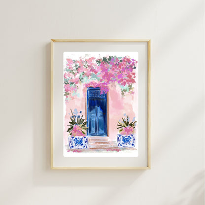 A watercolor-style illustration by Rebecca Illustrated featuring a blue Greek door framed by vibrant pink bougainvillea and blue-and-white Mediterranean planters.