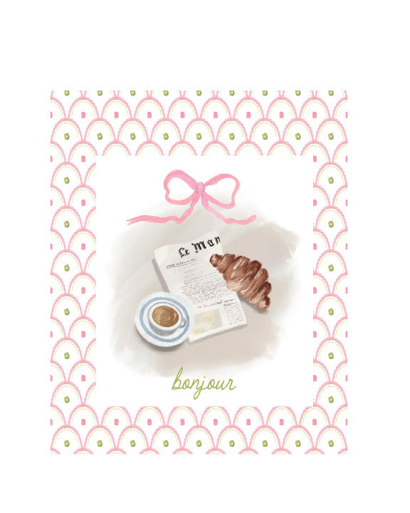 Illustrated greeting card with a Parisian café scene featuring a croissant, espresso, newspaper, pink patterned border, and the word “bonjour,” by Rebecca Illustrated.