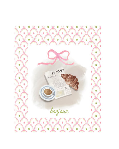 Illustrated greeting card with a Parisian café scene featuring a croissant, espresso, newspaper, pink patterned border, and the word “bonjour,” by Rebecca Illustrated.