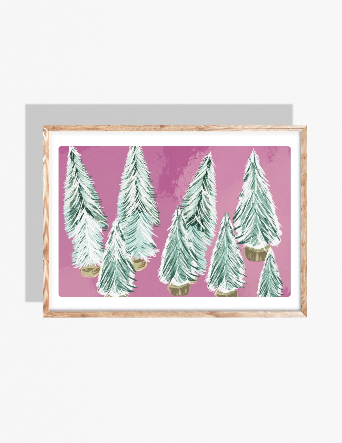 Illustration of green bottlebrush Christmas trees on a pink background, created by Rebecca Illustrated.