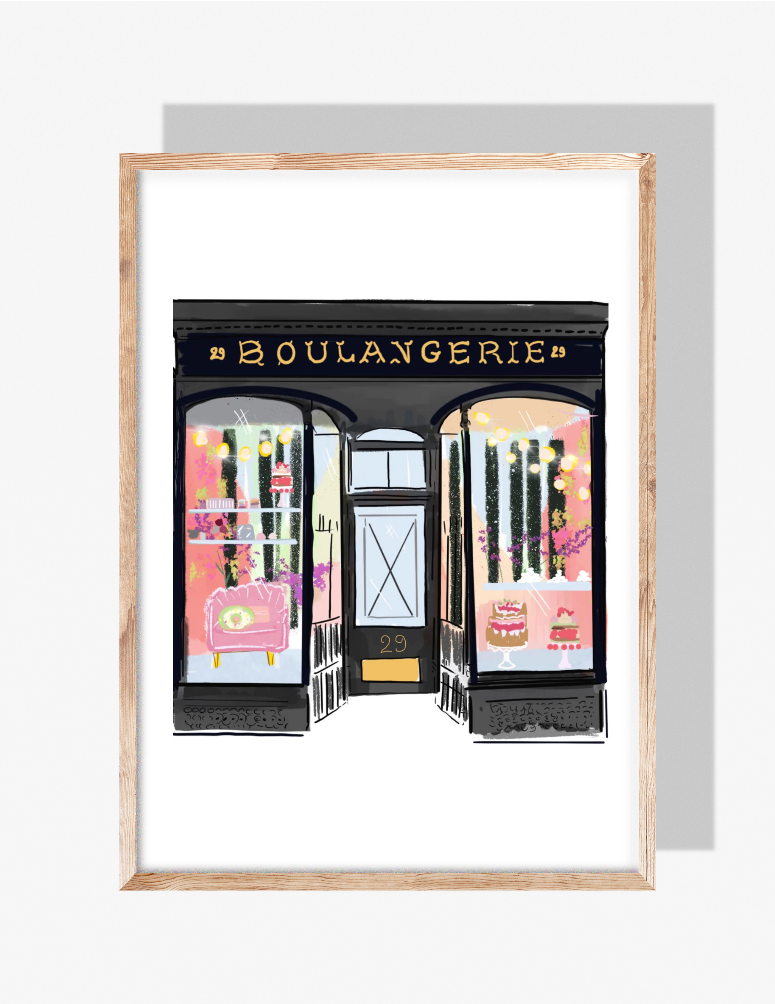 A whimsical Parisian boulangerie illustration by Rebecca Illustrated, featuring a black storefront with gold lettering, warm window displays of cakes and pastries, and a pastel pink interior glow.