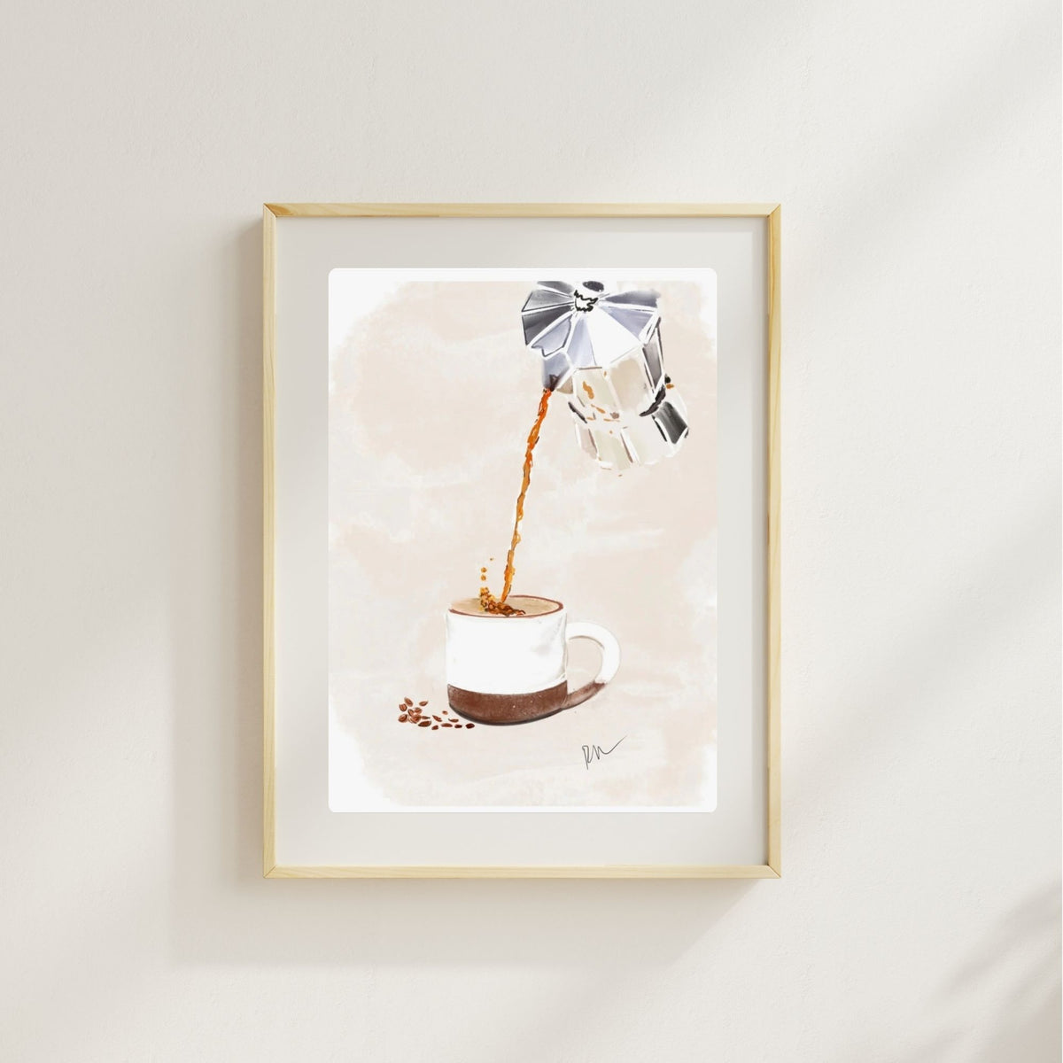 Illustration of a moka pot pouring fresh coffee into a ceramic mug with scattered coffee beans, artwork by Rebecca Illustrated.