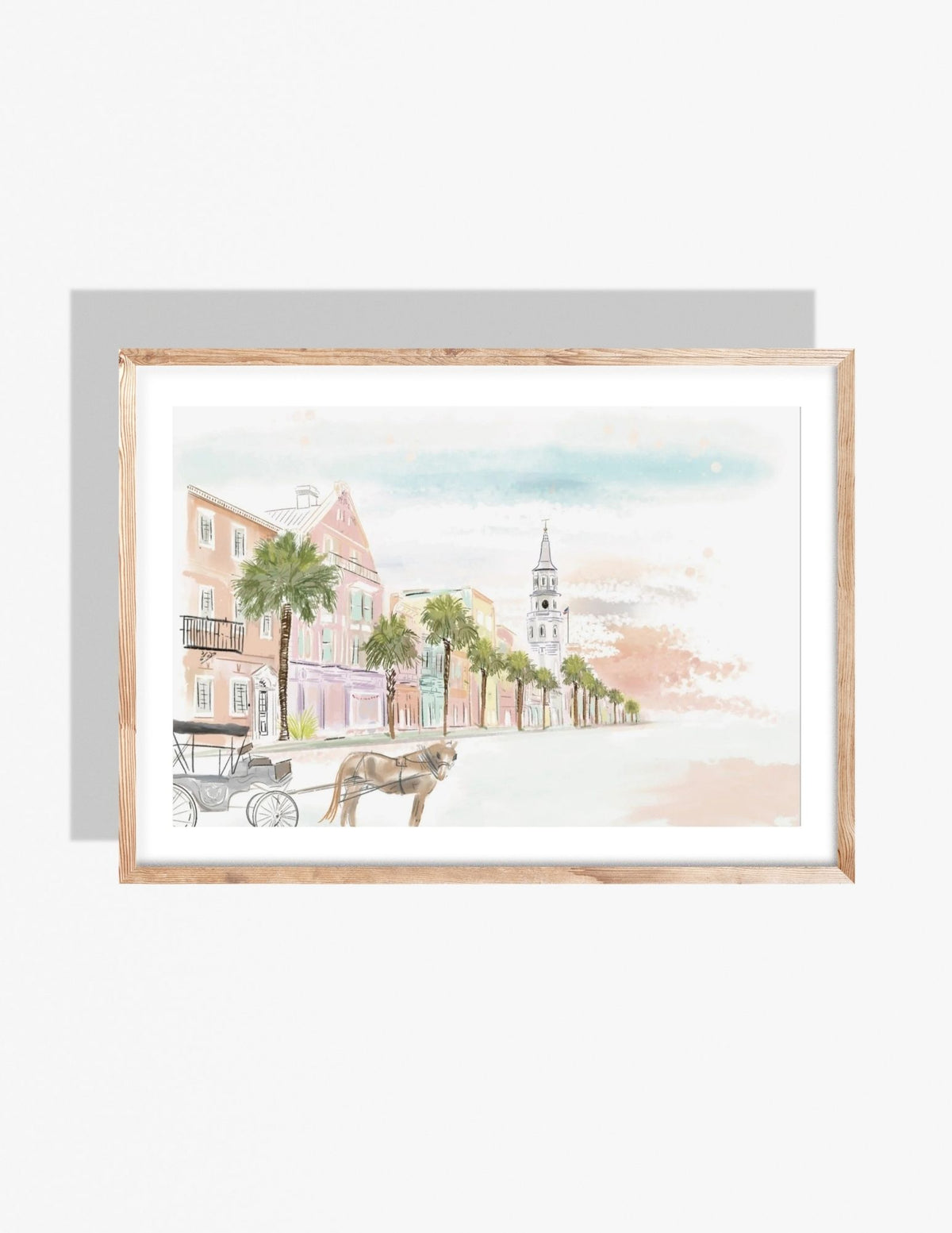 Pastel illustration of Broad Street in Charleston, SC featuring historic buildings, palm trees, church steeple, and a horse-drawn carriage — artwork by Rebecca Illustrated.