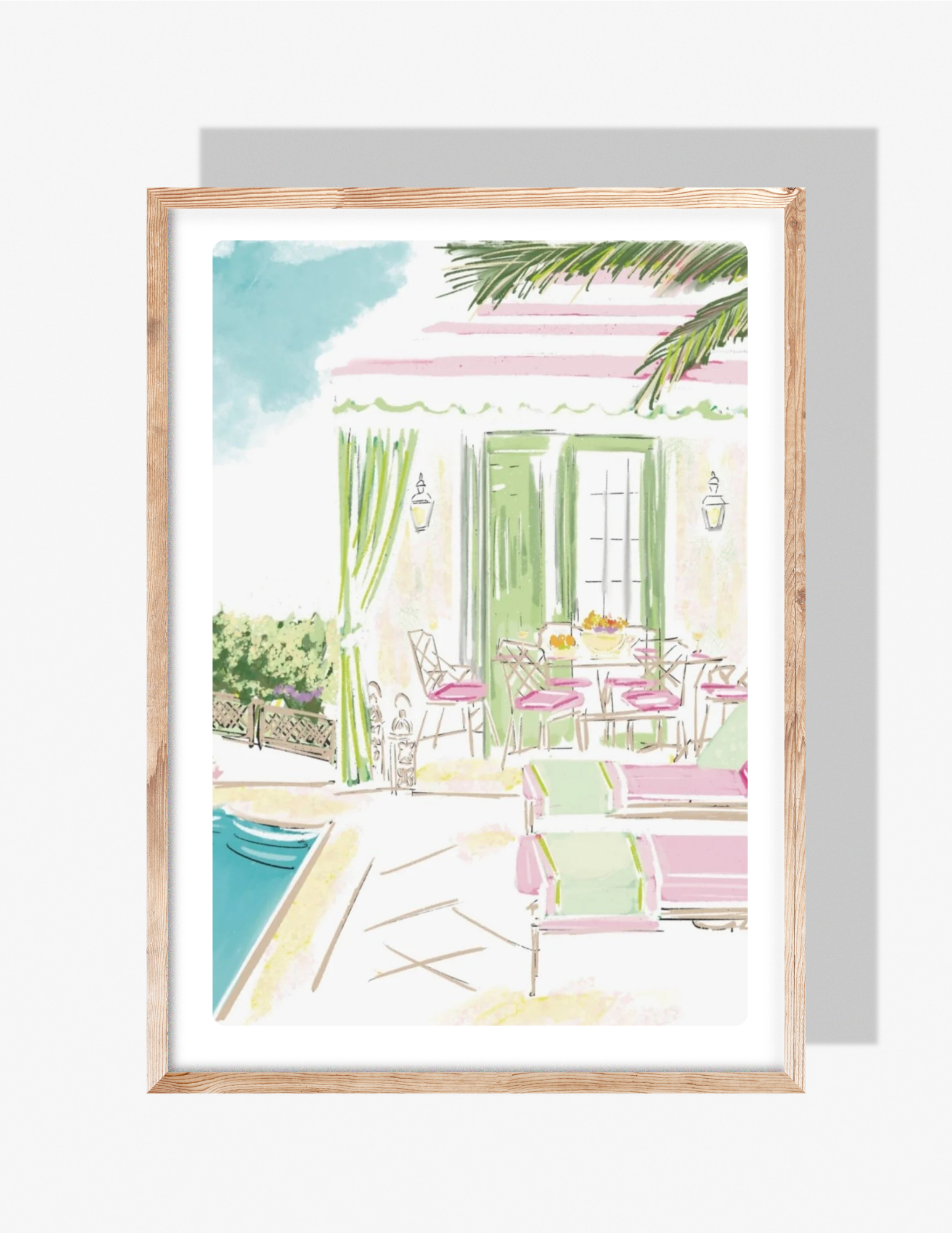 Illustration of a pastel pink and green poolside cabana with lounge chairs and tropical details, artwork by Rebecca Illustrated.