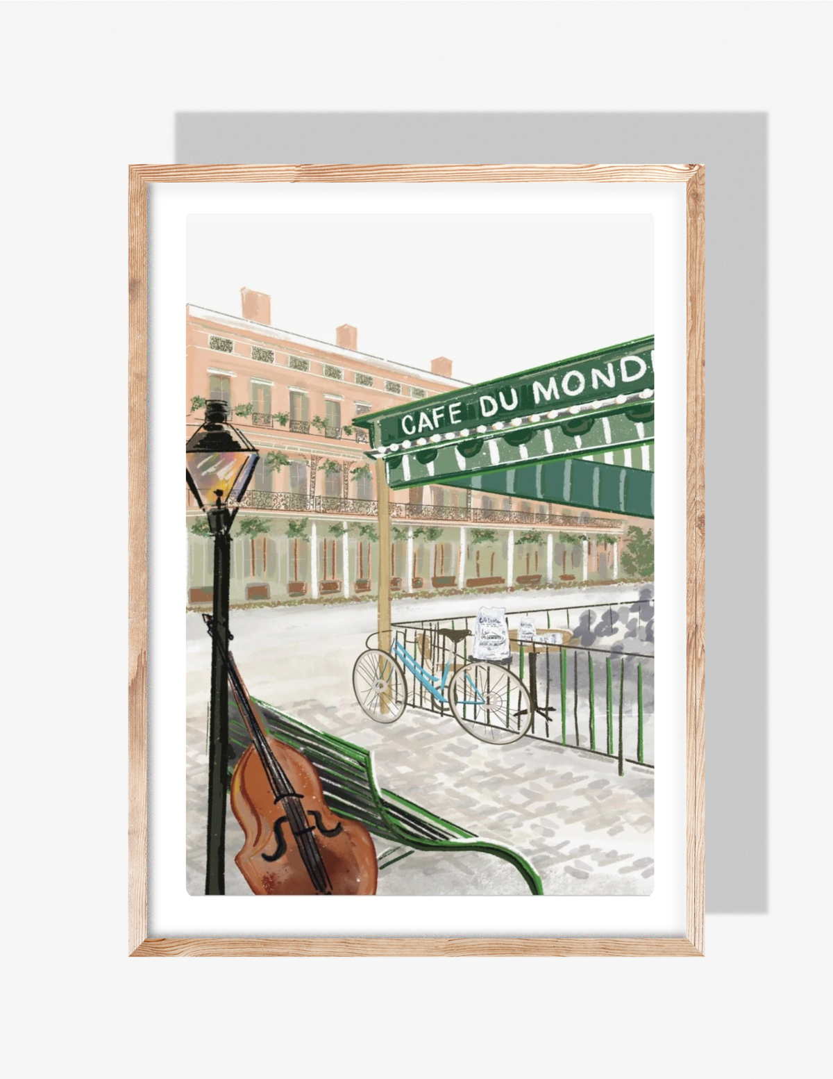 Illustration of Café du Monde in New Orleans with green awning, French Quarter architecture, streetlamp, cello leaned on bench, and bicycles, by Rebecca Illustrated.