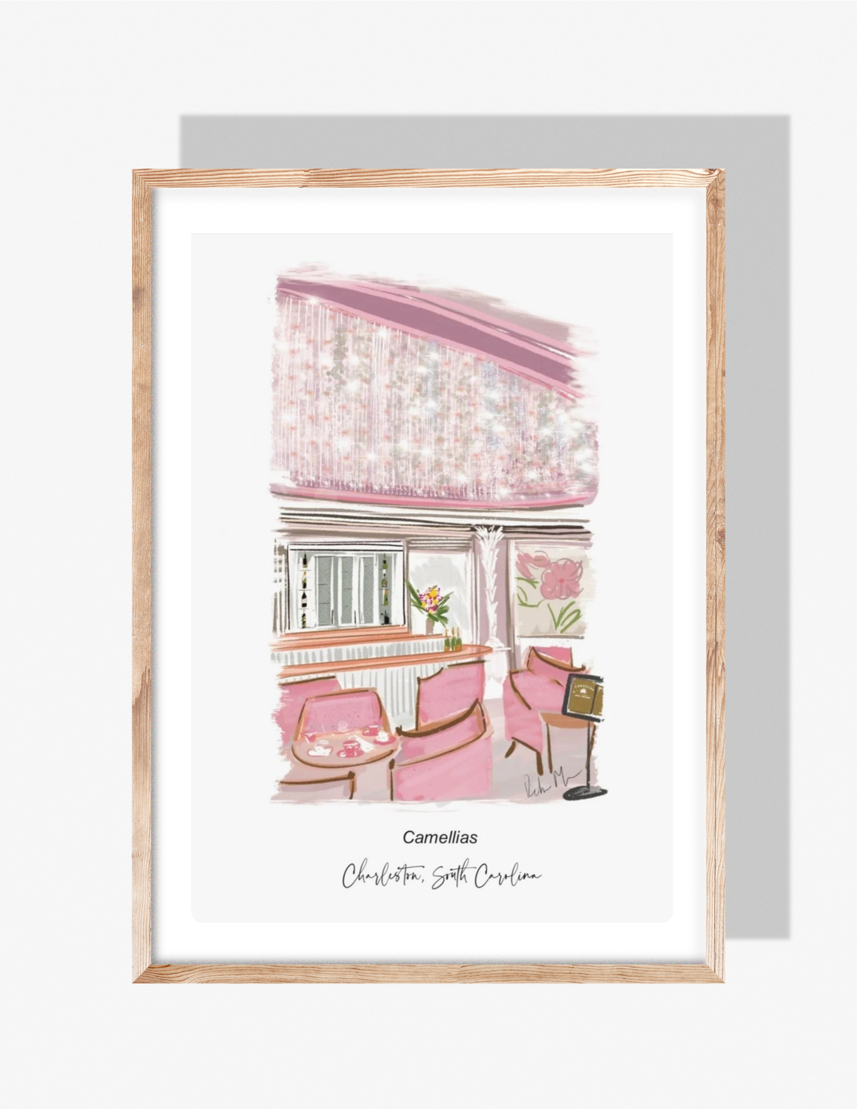 Illustration of the Camellias champagne bar interior at Hotel Bennett in Charleston, featuring pink seating and floral décor, by Rebecca Illustrated.