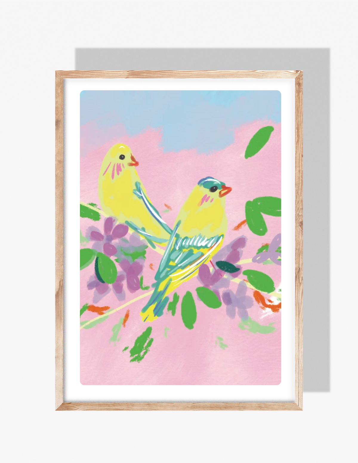 Colorful illustration of two yellow birds sitting on branches with purple flowers and green leaves against a pink and blue background.