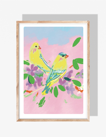 Colorful illustration of two yellow birds sitting on branches with purple flowers and green leaves against a pink and blue background.