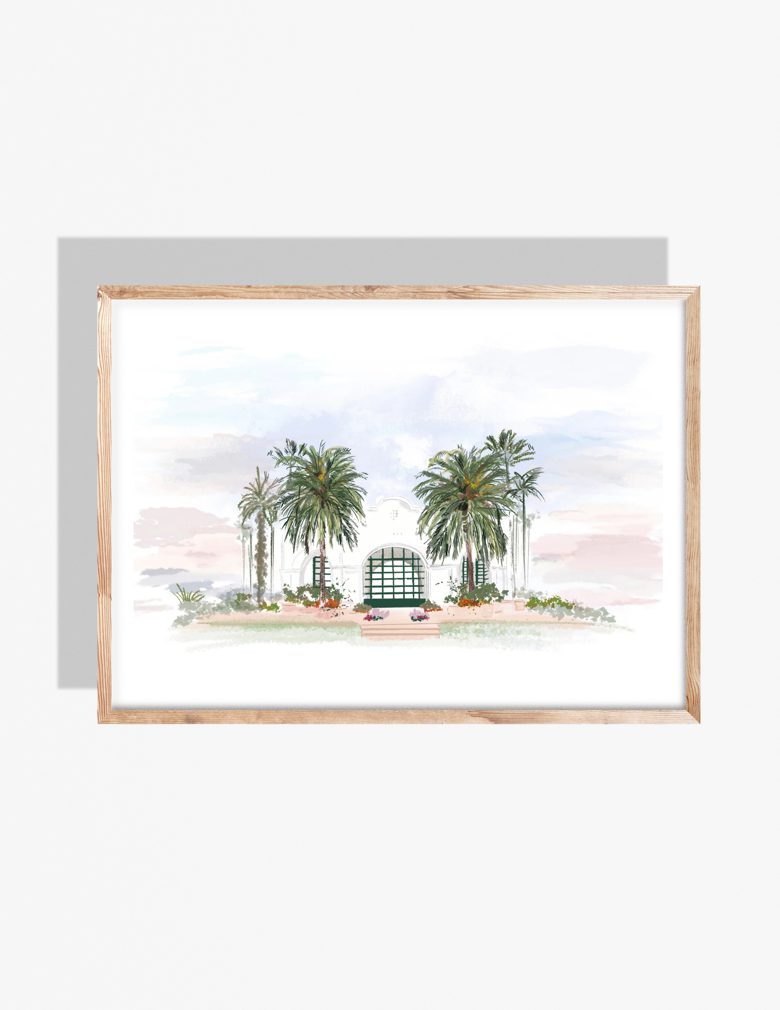Illustration of a white architectural building framed by tall palm trees and pastel skies, created by Rebecca Illustrated.