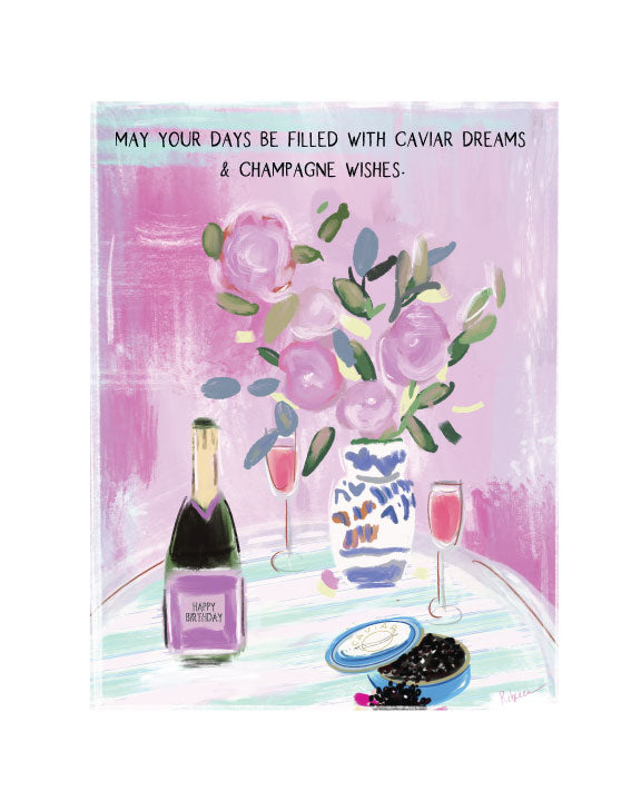 Pink illustrated greeting card featuring flowers, champagne glasses, caviar, and the phrase “May your days be filled with caviar dreams & champagne wishes,” by Rebecca Illustrated.
