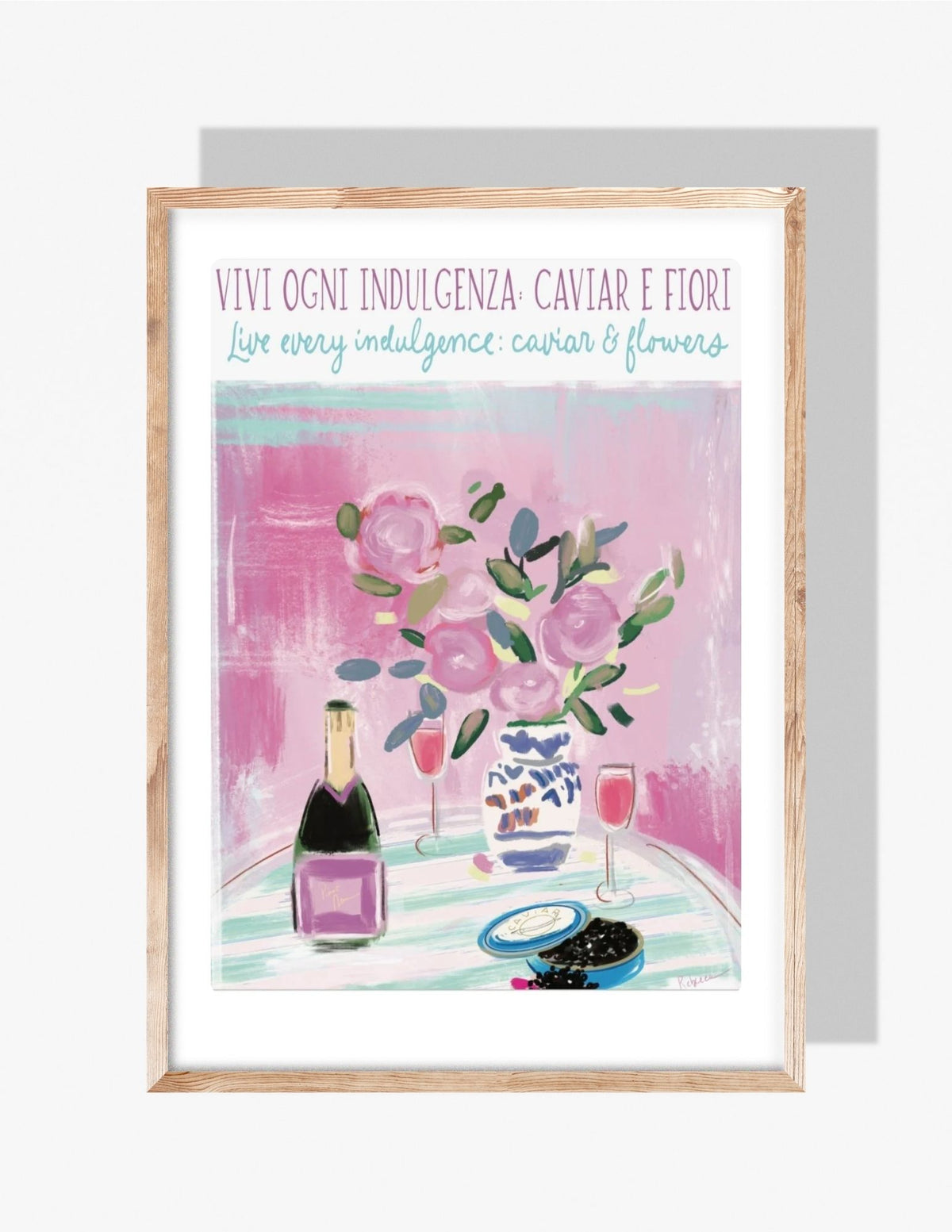 A colorful illustration by Rebecca Illustrated featuring pink flowers in a blue-and-white vase, champagne, two glasses, and a tin of caviar on a striped table with Italian and English text above.