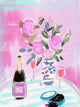 Pink still-life illustration featuring champagne, floral bouquet in a blue-and-white vase, caviar dish, and celebration accents — artwork by Rebecca Illustrated
