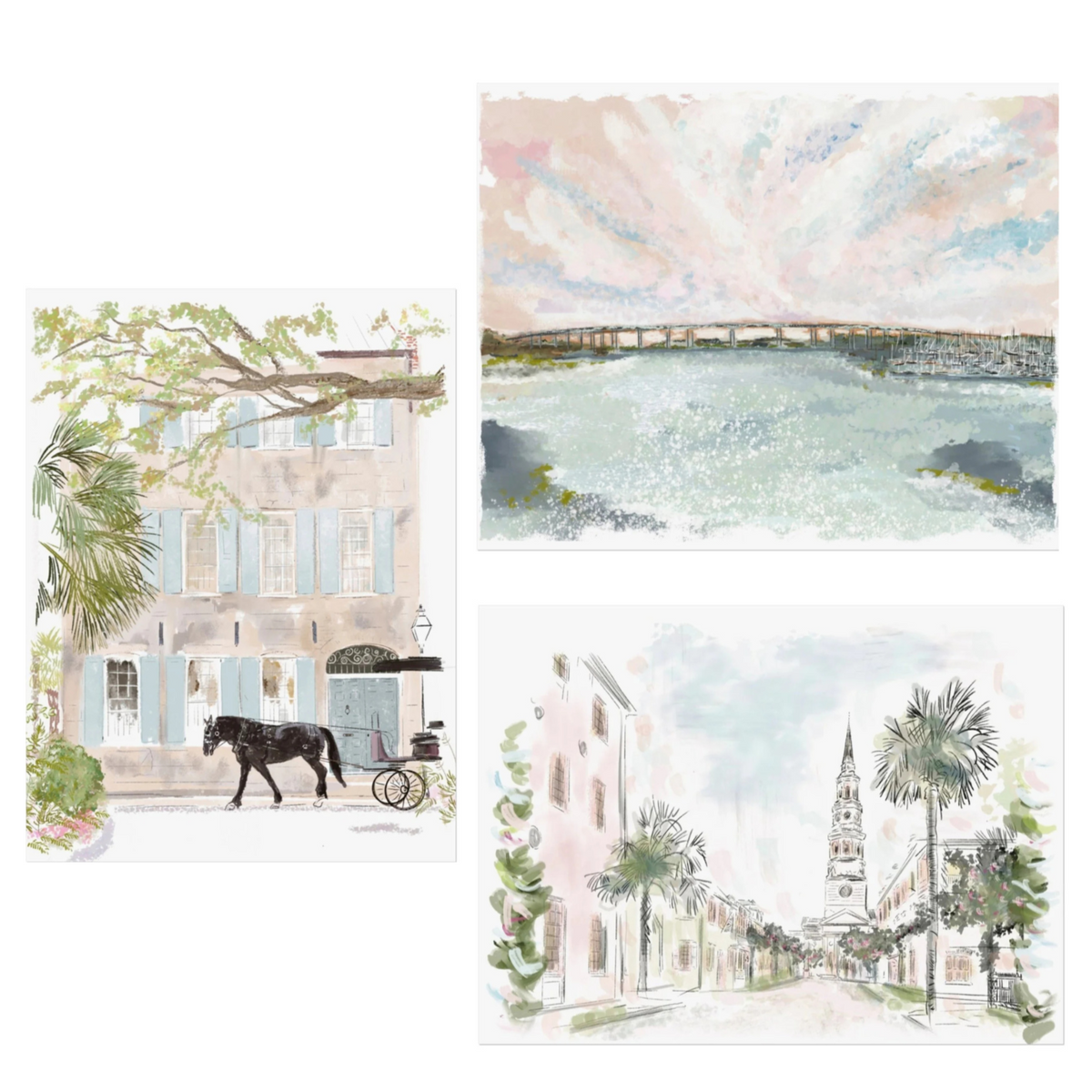 Three-piece Charleston art set featuring a historic horse carriage street scene, a coastal marsh bridge view, and a pastel cityscape with St. Philip’s Church, by Rebecca Illustrated.