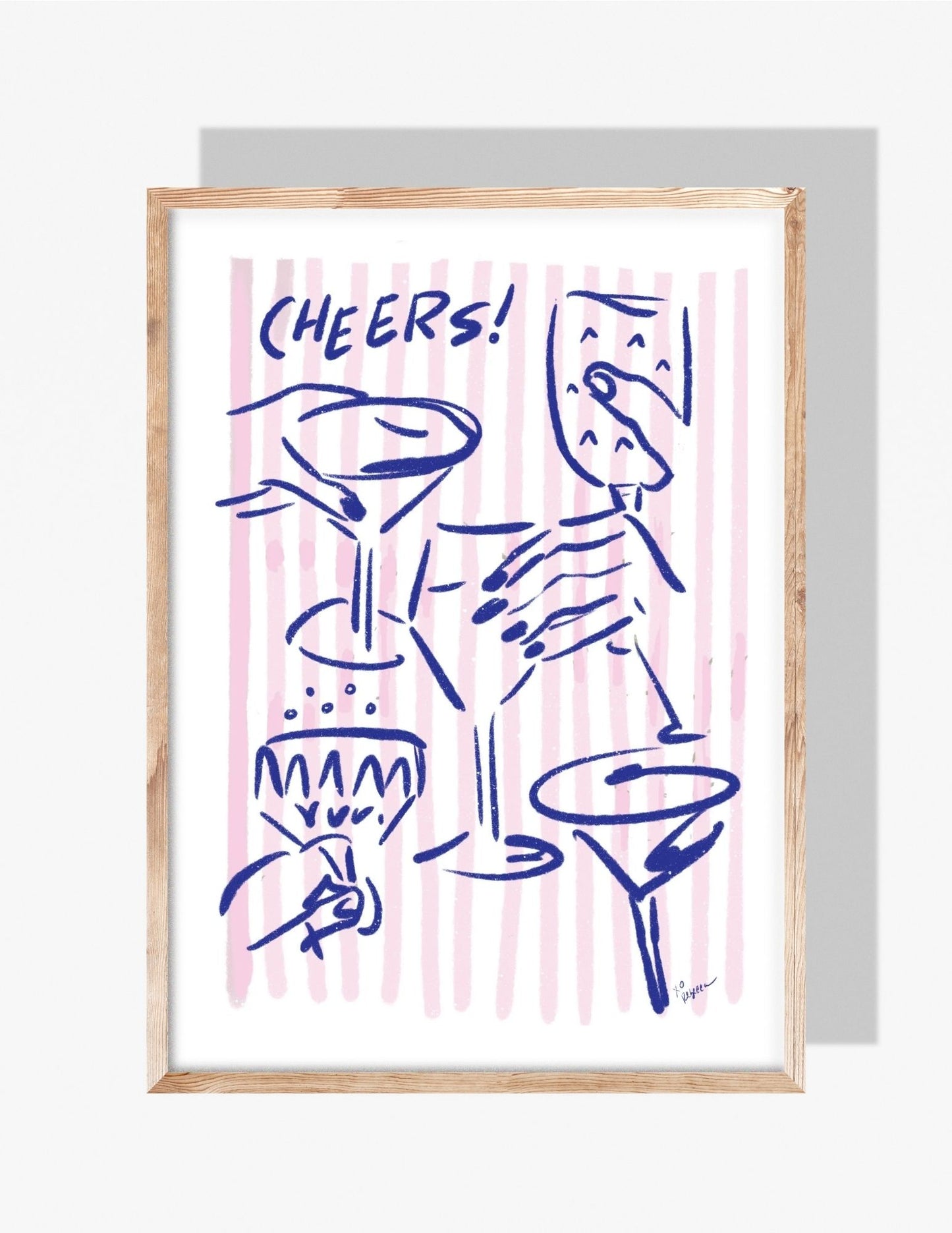 Sketch-style illustration of blue cocktail glasses and hands with the word ‘CHEERS!’ over pink vertical stripes.