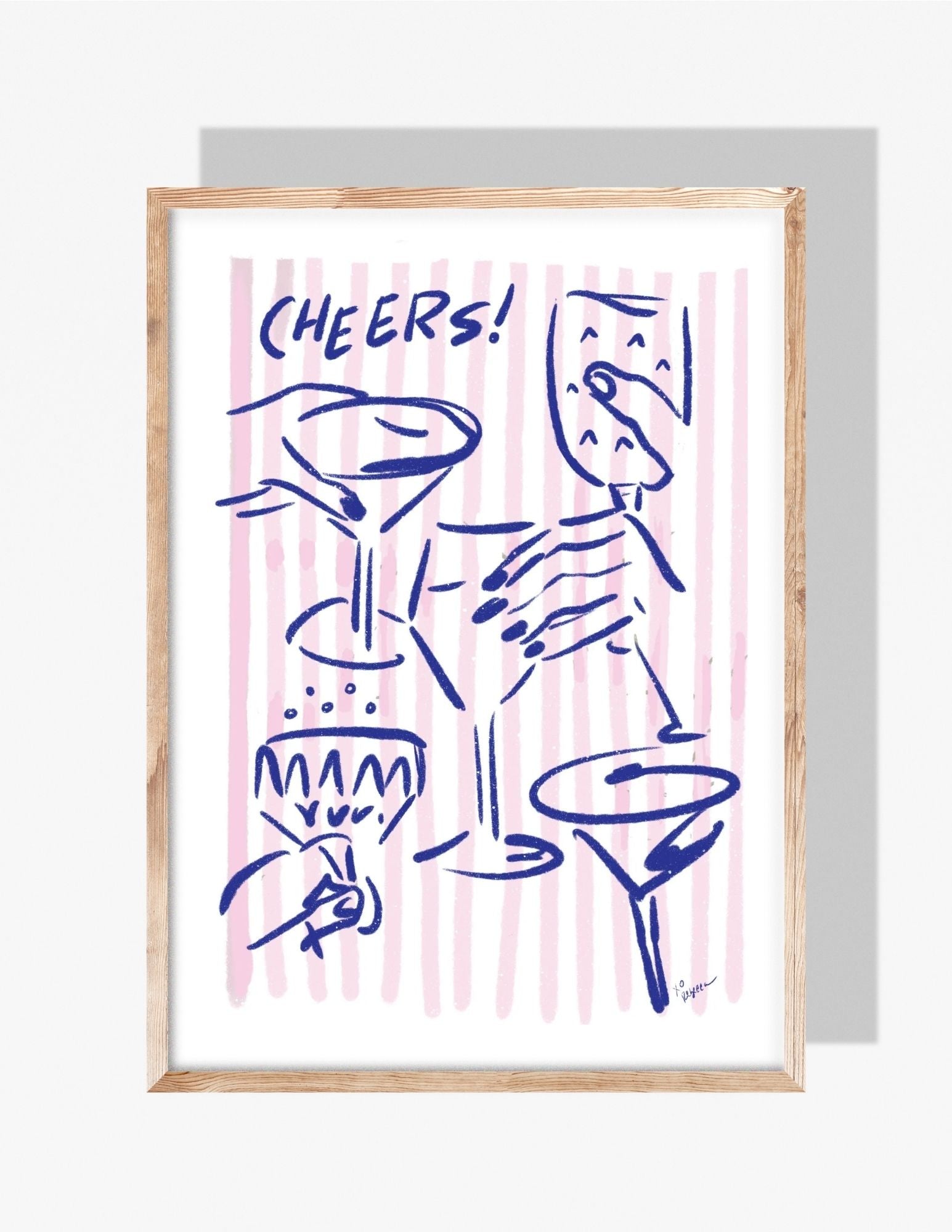 Sketch-style illustration of blue cocktail glasses and hands with the word ‘CHEERS!’ over pink vertical stripes.