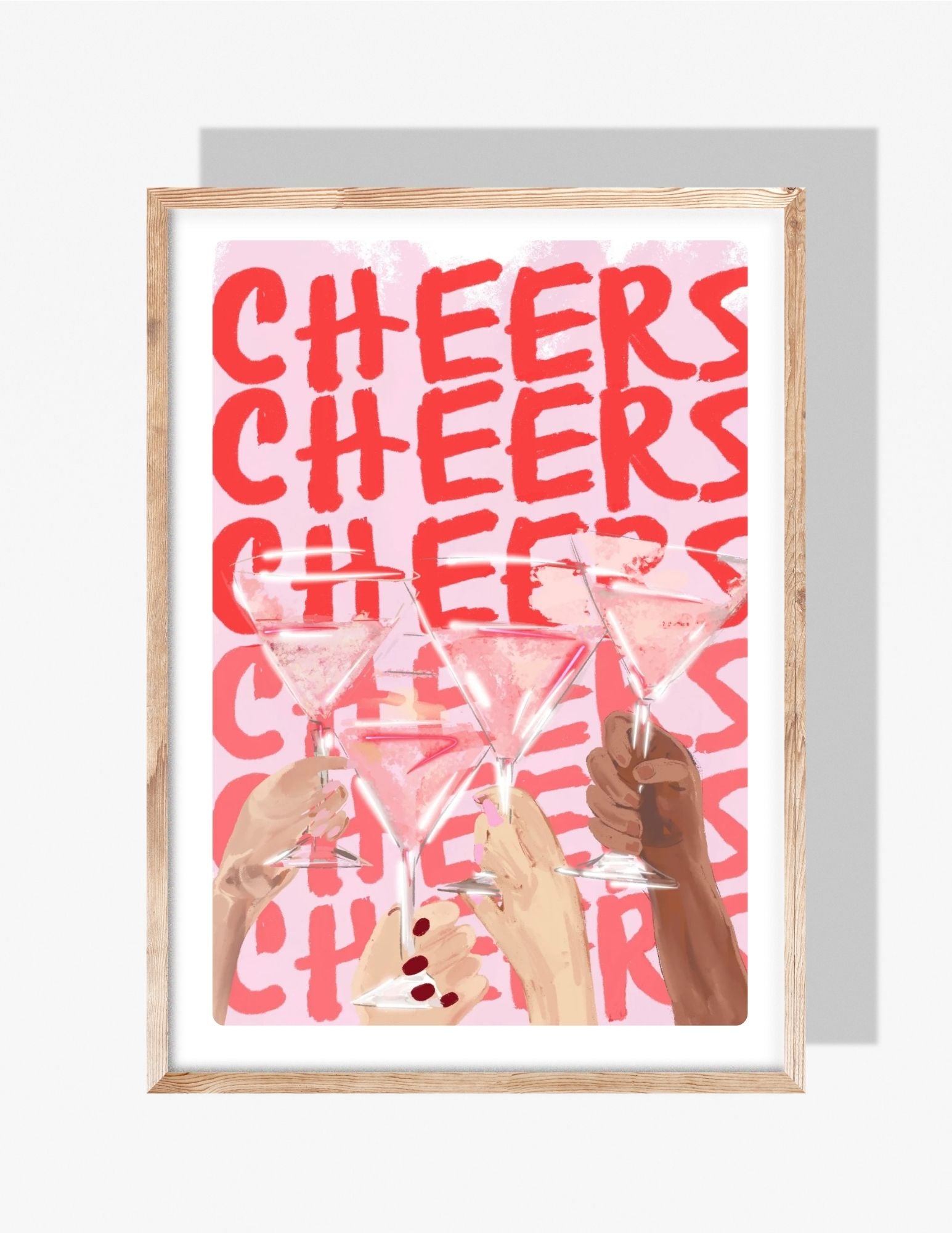 Illustration of multiple hands clinking pink martinis in front of repeated red ‘CHEERS’ text on a pink background.