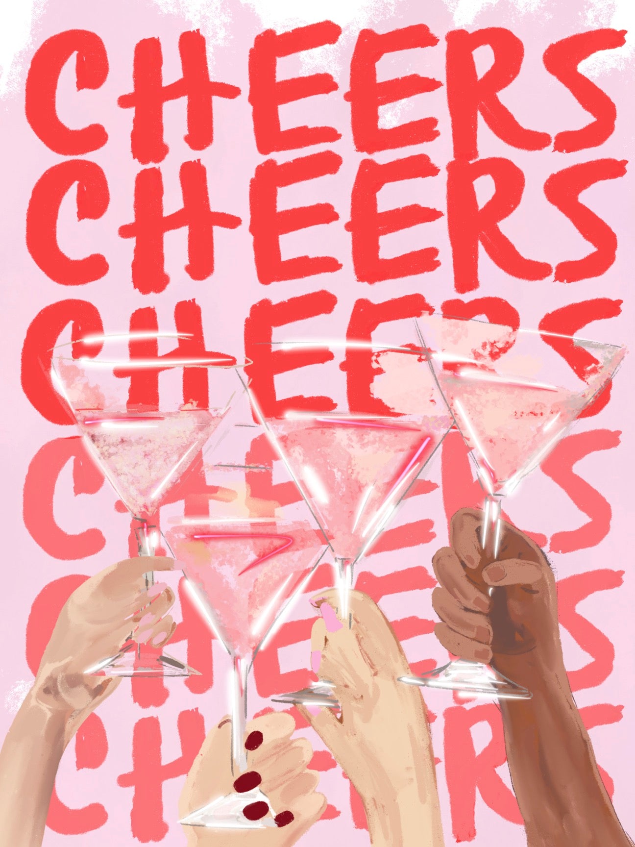 Illustration of diverse hands raising martini glasses with the words “Cheers Cheers Cheers” in bold red lettering, original artwork by Rebecca Illustrated on a blank greeting card.