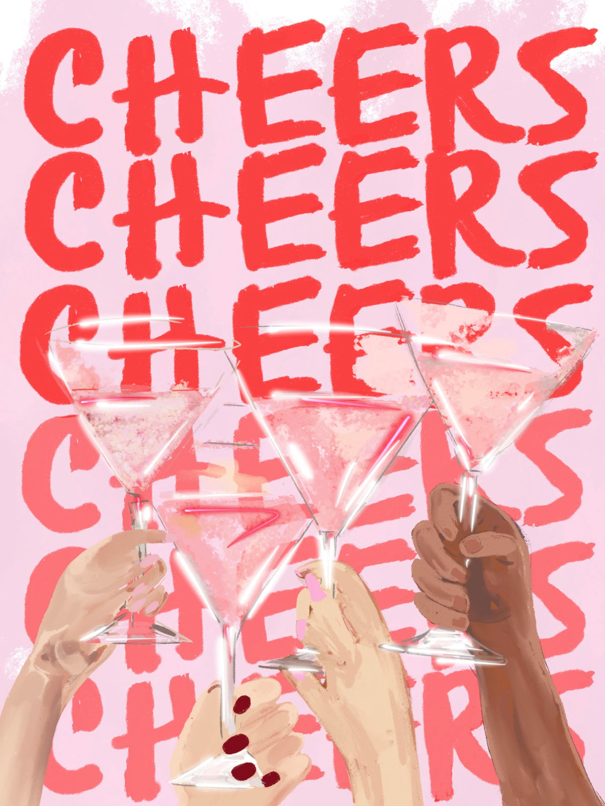 Illustration of diverse hands raising martini glasses with the words “Cheers Cheers Cheers” in bold red lettering, original artwork by Rebecca Illustrated on a blank greeting card.