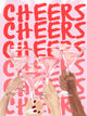 Illustration of diverse hands raising martini glasses with the words “Cheers Cheers Cheers” in bold red lettering, original artwork by Rebecca Illustrated on a blank greeting card.