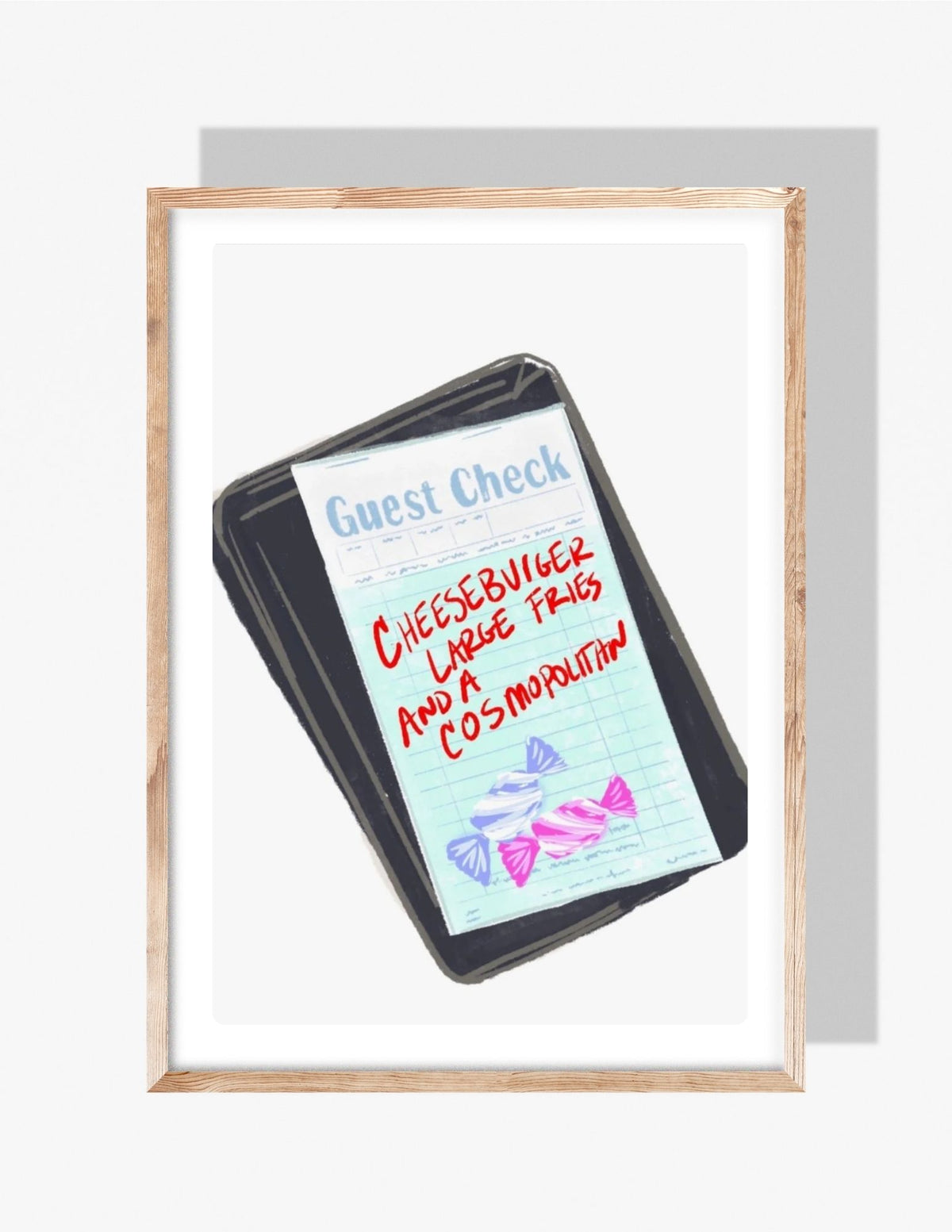 Illustrated restaurant guest check showing a handwritten order for a cheeseburger, large fries, and a cosmopolitan with wrapped candies, by Rebecca Illustrated.